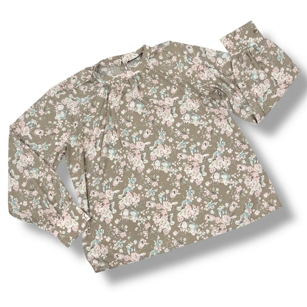 Cottagecore Floral‎ Gathered Mock Neck Pullover Blouse Tan Pink XL Long Sleeve